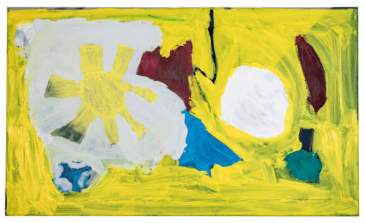 Anbstract painting of a sun and moon with yellow, white, blue, and purple colors on a yellow background. 