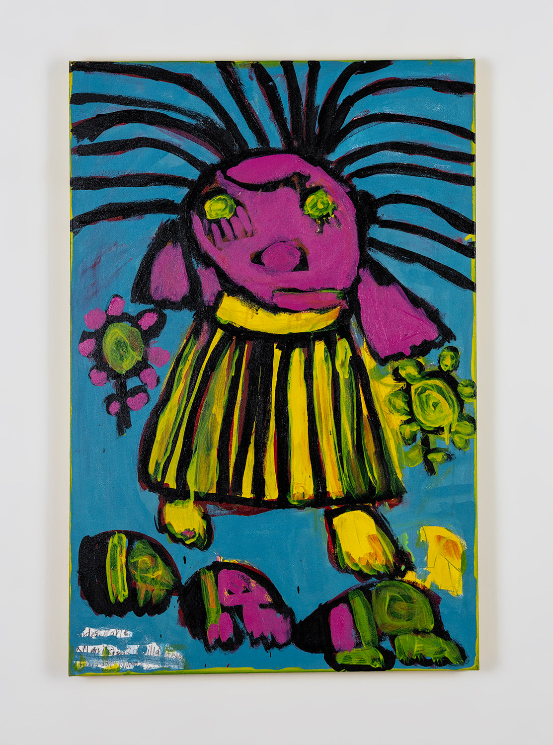 A painting on canvas of a large doll floating on a blue background. The doll wears a bright yellow dress, and has a pink head and long black hair radiating around the face. There are flowers and birds arranged in the space around the doll. 