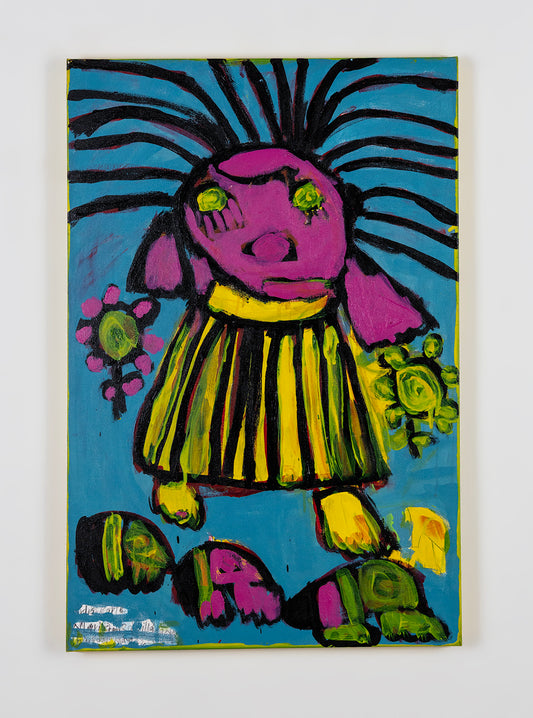 A painting on canvas of a large doll floating on a blue background. The doll wears a bright yellow dress, and has a pink head and long black hair radiating around the face. There are flowers and birds arranged in the space around the doll. 