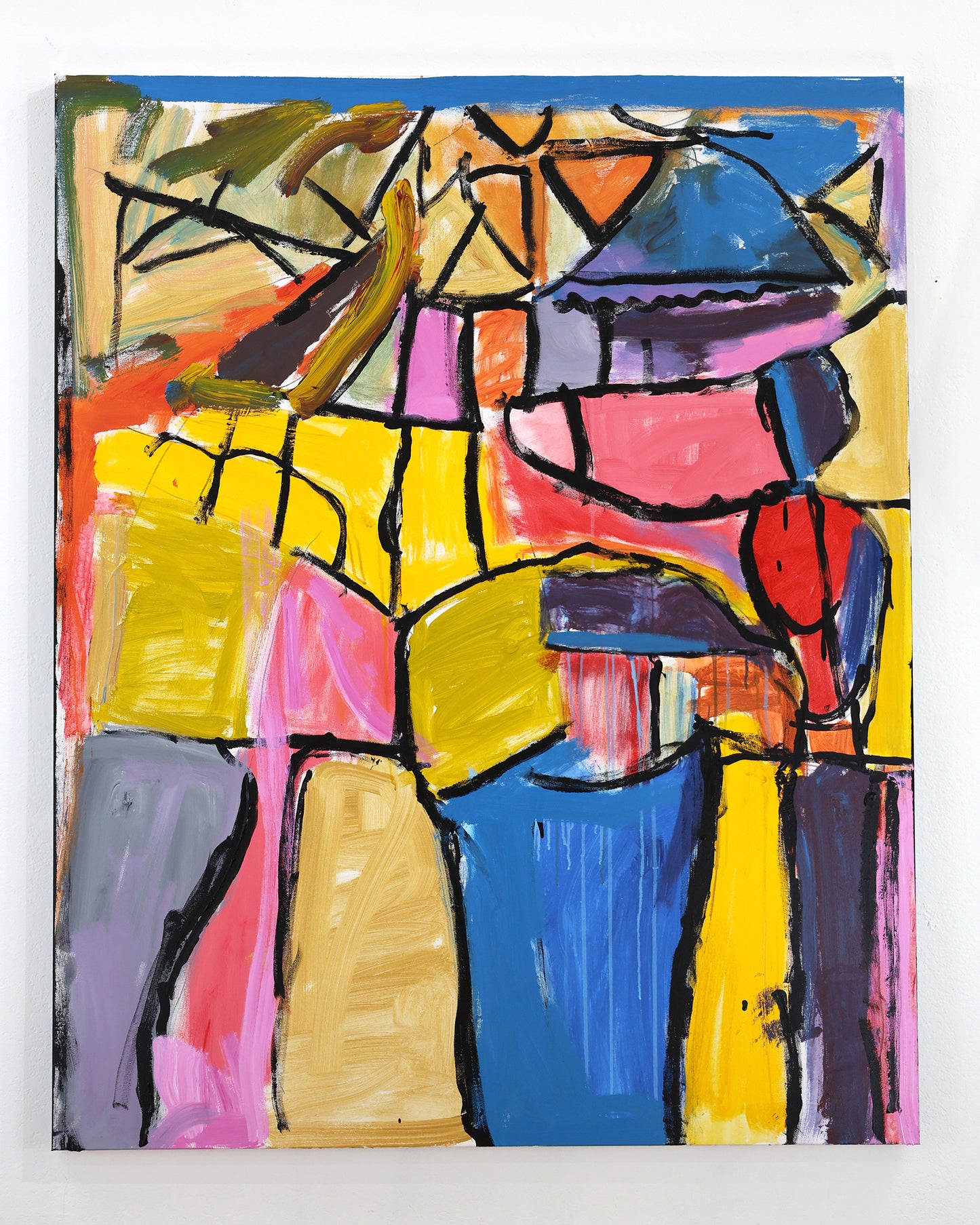 An abstract painting with colorful geometric shapes that are outlined in black, stacked, and fit together like panes in a stained glass window. The painting style is very energetic and expressive. Many of the dry, thick, or dripping brushstrokes are evident in the finished piece. 