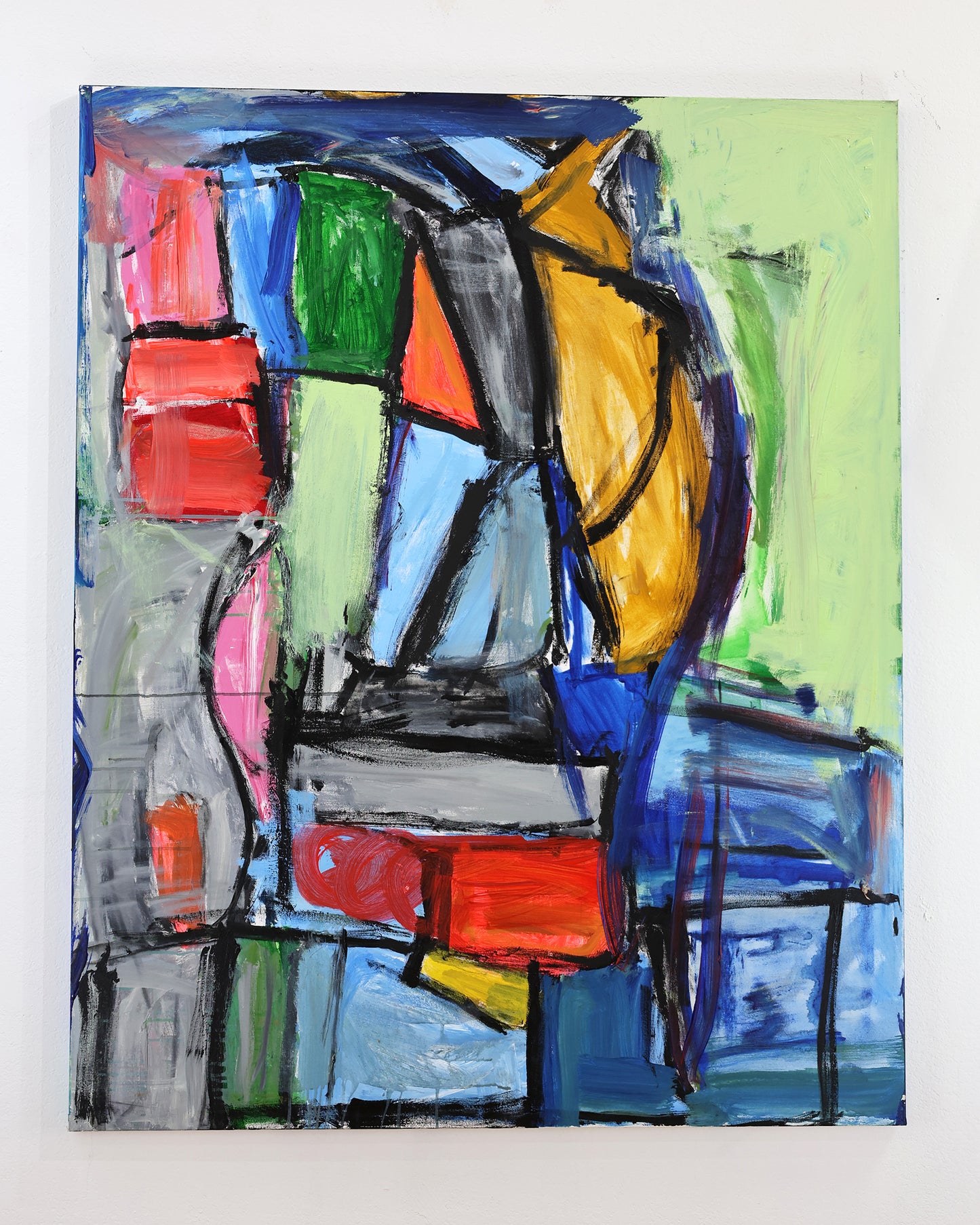 An abstract painting with colorful geometric shapes that are outlined in black, stacked, and fit together like panes in a stained glass window. The painting style is very energetic and expressive. Many of the dry, thick, or dripping brushstrokes are evident in the finished piece. 