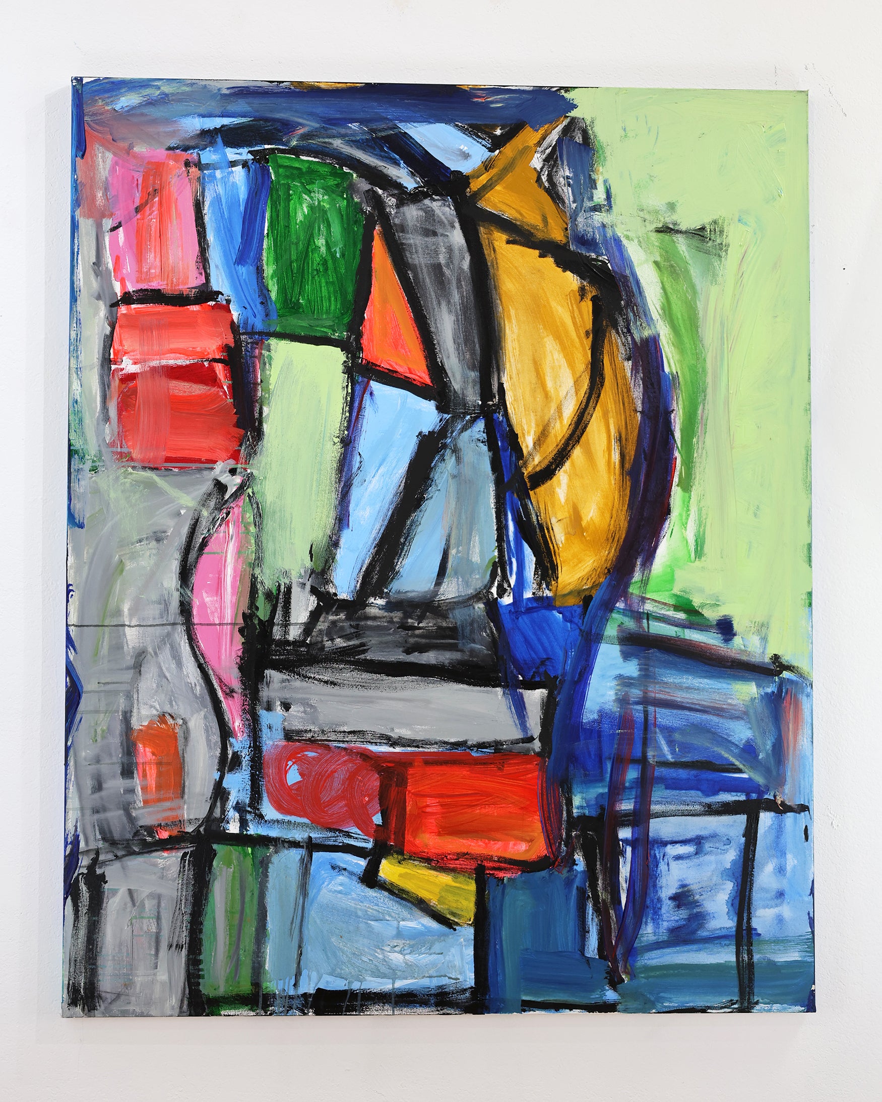 An abstract painting with colorful geometric shapes that are outlined in black, stacked, and fit together like panes in a stained glass window. The painting style is very energetic and expressive. Many of the dry, thick, or dripping brushstrokes are evident in the finished piece. 