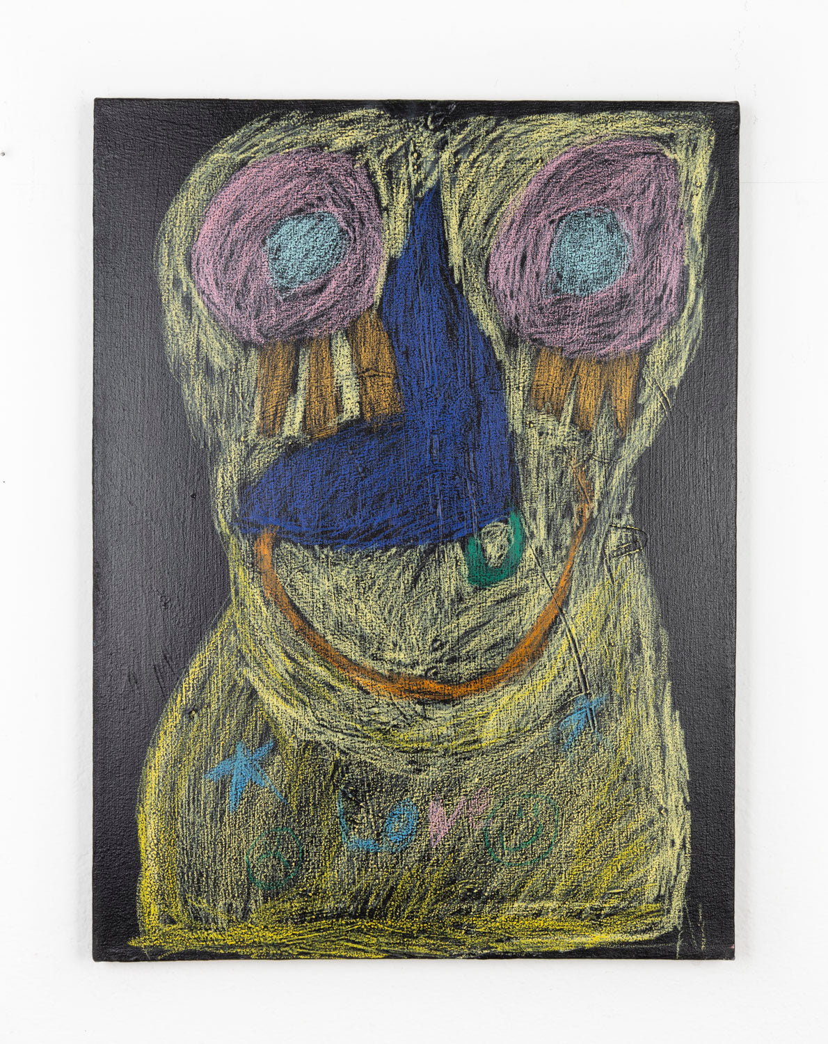 This is an abstract portrait, with pink eyes, a blue nose and an orange mouth. The figure is  bright yellow which contrasts the black background.
