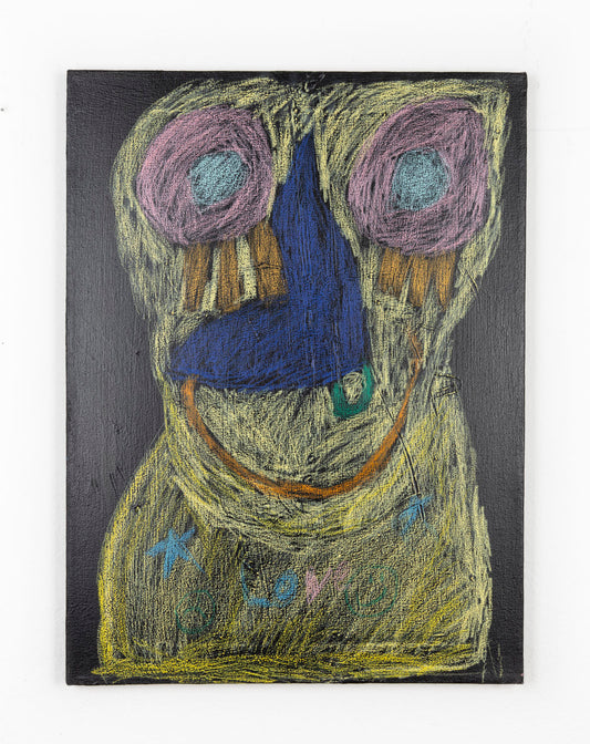 This is an abstract portrait, with pink eyes, a blue nose and an orange mouth. The figure is  bright yellow which contrasts the black background.