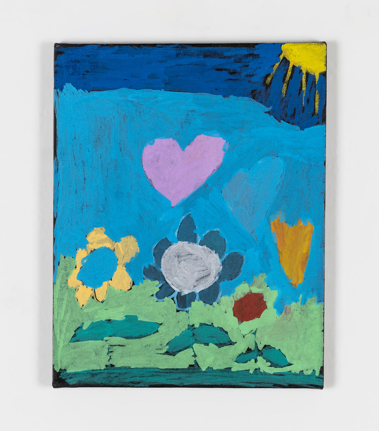 A painting on canvas of a sweet landscape with flowers, floating hearts, and a bright yellow sun peeking in from the op right. The background is two tones of blue. The flowers are painted shades of yellow, blue, or green, and sprout from a light green patch of grass. A bright pink heart floats in the center of the image. 