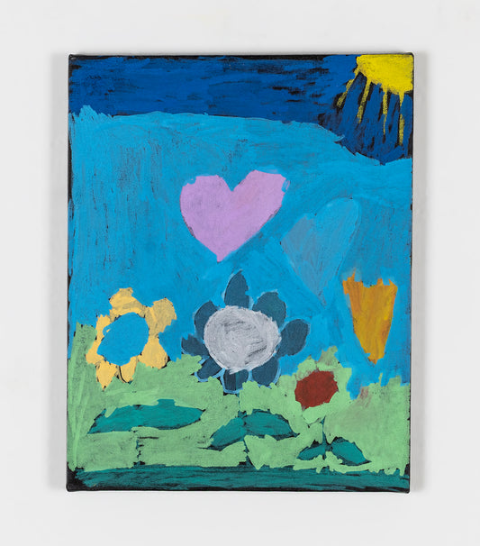 A painting on canvas of a sweet landscape with flowers, floating hearts, and a bright yellow sun peeking in from the op right. The background is two tones of blue. The flowers are painted shades of yellow, blue, or green, and sprout from a light green patch of grass. A bright pink heart floats in the center of the image. 