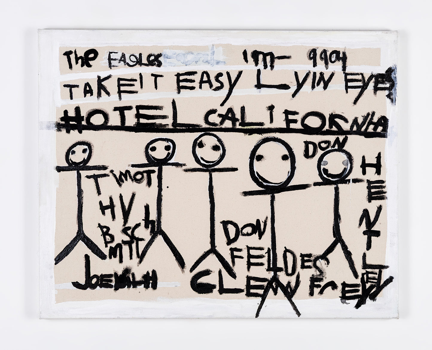 A painting on raw canvas featuring black hand painted text with tall stick figures. The text includes the name of the band The Eagles, as well as song titles including "Take it Easy" "Lyin Eyes" and "Hotel California." Each stick figure is labeled as a different member of the band. The artist added a stripe of white paint around the border of the image.