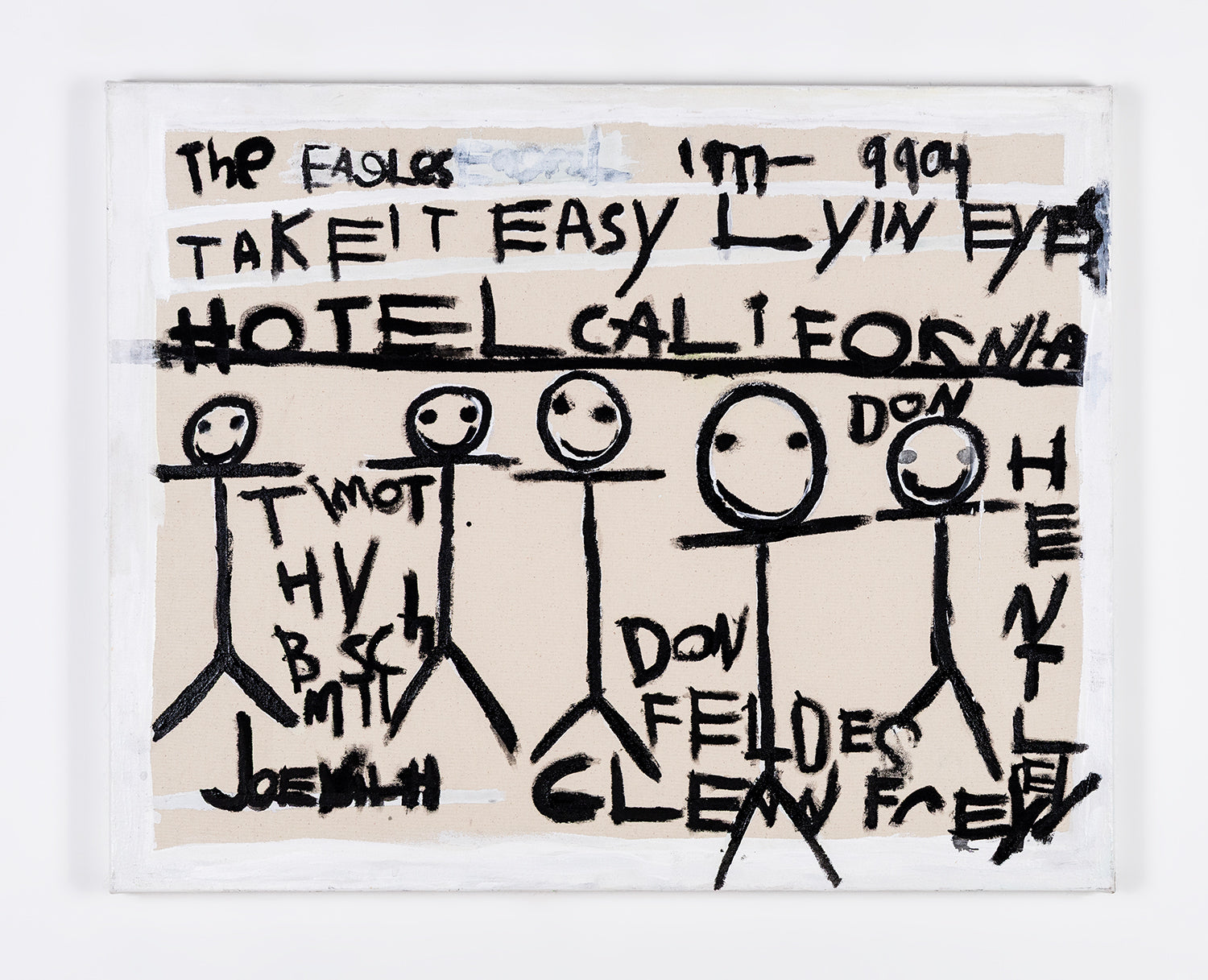A painting on raw canvas featuring black hand painted text with tall stick figures. The text includes the name of the band The Eagles, as well as song titles including "Take it Easy" "Lyin Eyes" and "Hotel California." Each stick figure is labeled as a different member of the band. The artist added a stripe of white paint around the border of the image.