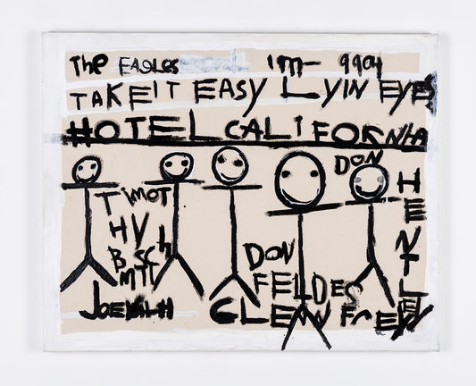 A painting on raw canvas featuring black hand painted text with tall stick figures. The text includes the name of the band The Eagles, as well as song titles including "Take it Easy" "Lyin Eyes" and "Hotel California." Each stick figure is labeled as a different member of the band. The artist added a stripe of white paint around the border of the image.