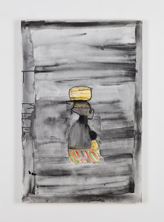 A dreamy painting on canvas featuring a silhouette floating on a grey background. The silhouette is the regal head and shoulders of a black figure,  facing toward the right, with a rainbow striped robe and a bright yellow headpiece or object balanced on their head. The words "Greetings from Nigeria" are written on the headpiece. The background is a misty wash of watery grey paint. 