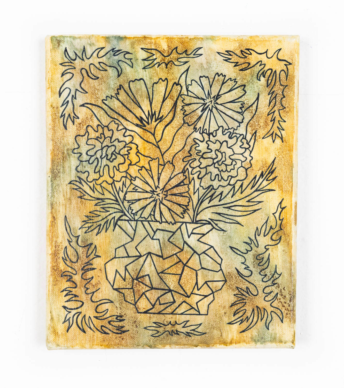 A canvas background filled with colors (yellow, brown, blue/green) washed on with natural inks including, onion skins, oxalis, rose hips, and butterfly pea. Contrasting the soft background is a darker outline of a flower bouquet drawing. The image is indigo pigment painted on in an outline style. There are wavy shapes surrounding the bouquet around the edges of the canvas simulating overlapping organic leaf shapes. 
