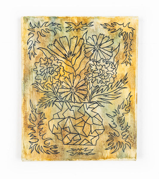 A canvas background filled with colors (yellow, brown, blue/green) washed on with natural inks including, onion skins, oxalis, rose hips, and butterfly pea. Contrasting the soft background is a darker outline of a flower bouquet drawing. The image is indigo pigment painted on in an outline style. There are wavy shapes surrounding the bouquet around the edges of the canvas simulating overlapping organic leaf shapes. 