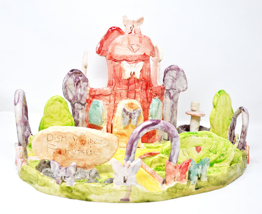 A ceramic sculpture made using flat clay slabs. The sculpture is a diorama of a castle and garden on a circle base.  The central castle is glazed bright pink, flanked by purple trees, and has a stack of 3 butterflies adhered to its facade. The garden is filled with green plants, white fountains, and purple arches. Butterflies line the perimeter of the garden. The artist has etched a clay sign with the words "Disney Princess Fairytale" and positioned it in front of the palace.