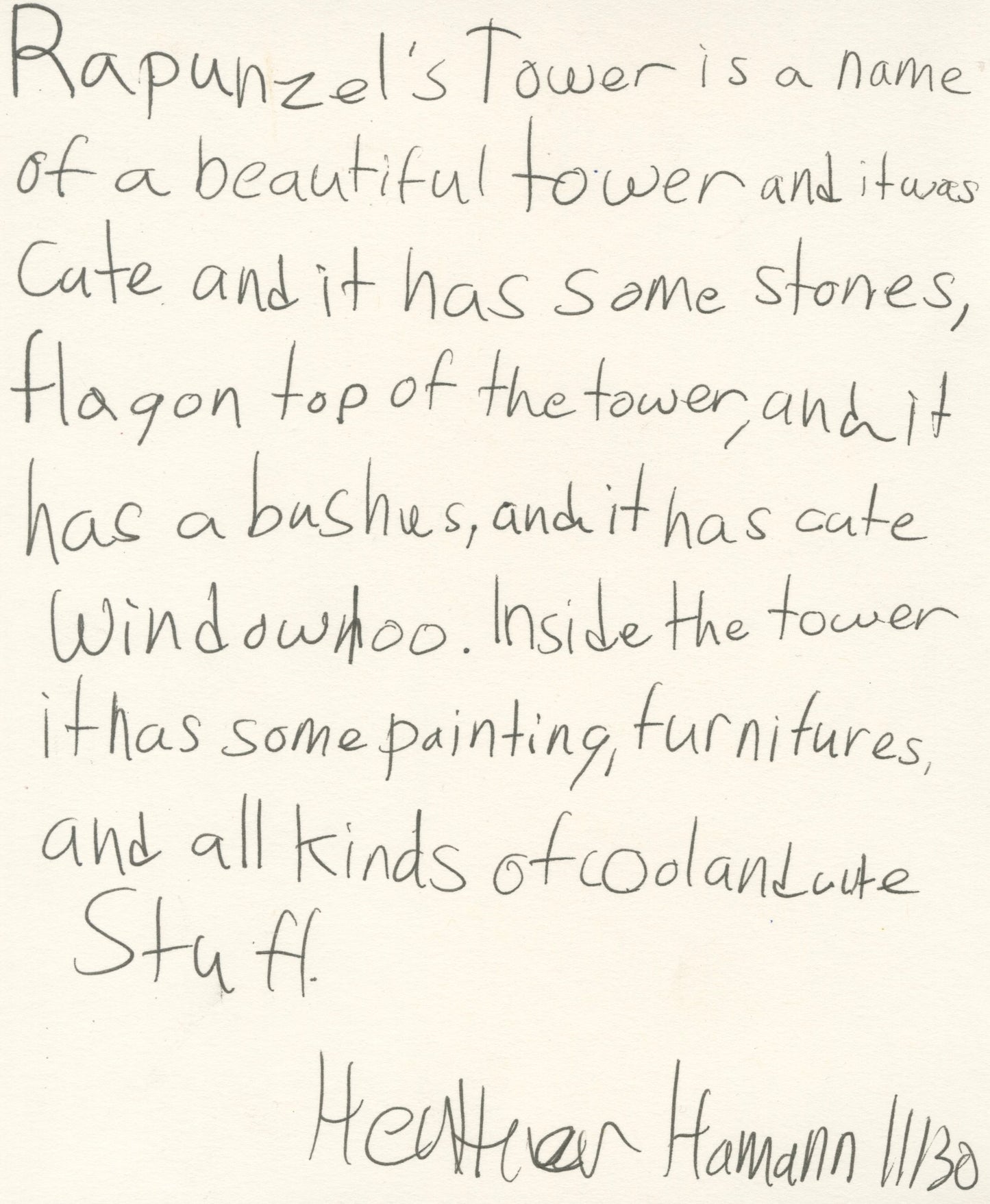 A note handwritten by the artist to accompany the sculpture. The note is signed and dated, and describes the component parts of the Rapunzel's Tower sculpture.