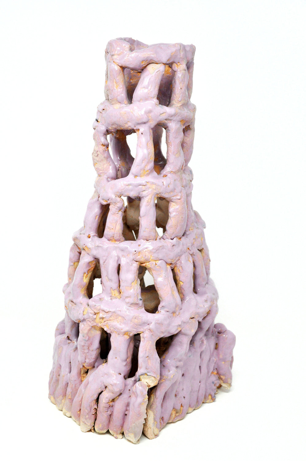 A ceramic sculpture of a tower. It's coated with matte and glossy lilac glaze. The tower is six tiers tall, wider at the base. It's made of little cylinders: some are stacked vertically and others are wrapped around the tower in horizontal bands. There are gaps between each cylinder through which the white background or dark interior are visible.
