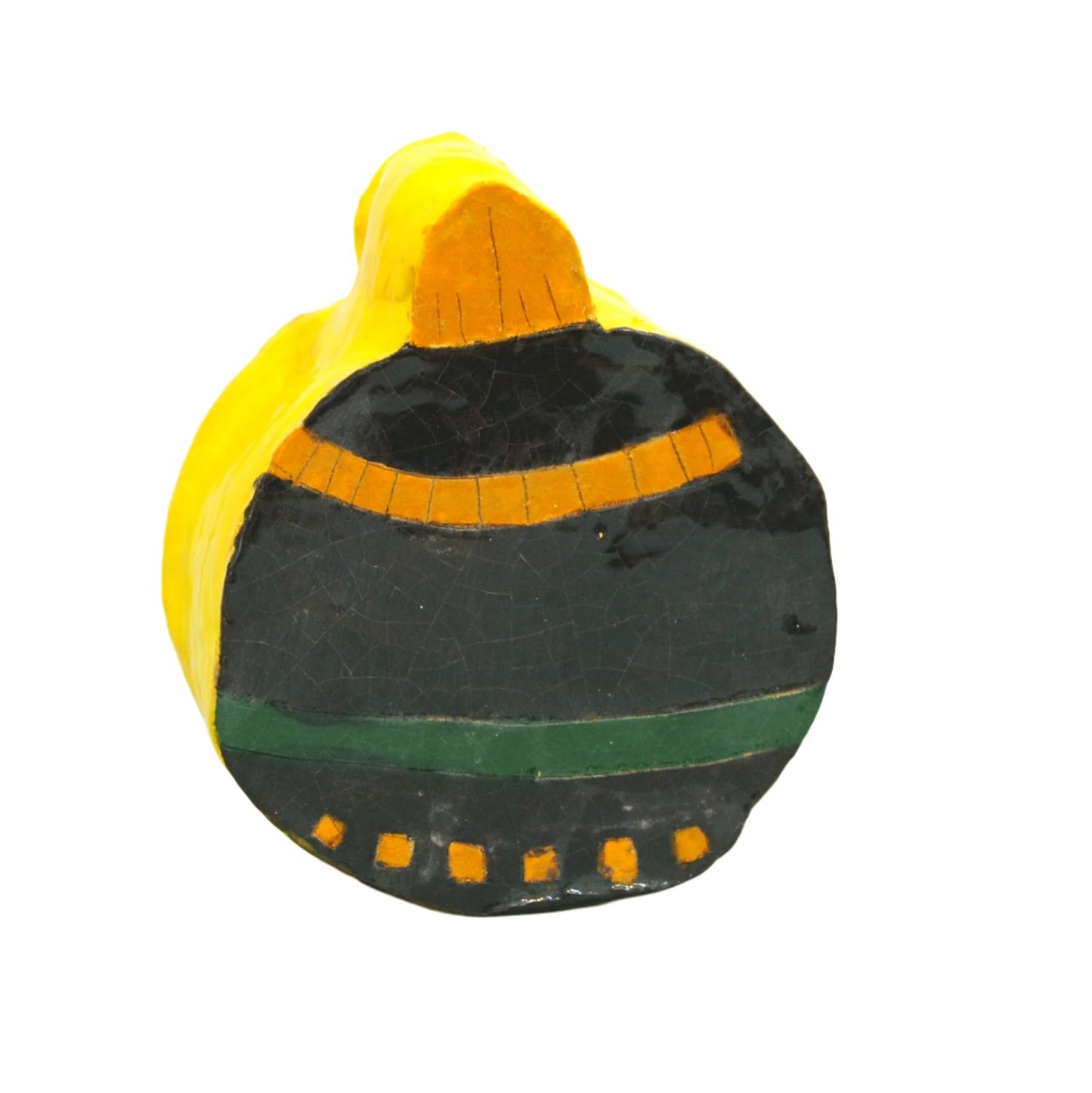 A rounded ceramic vessel with a glossy black surface and a short neck, displayed against a plain light gray background. The piece is decorated with a bold horizontal yellow stripe around the middle and small geometric accents near the base in white, blue, and yellow.