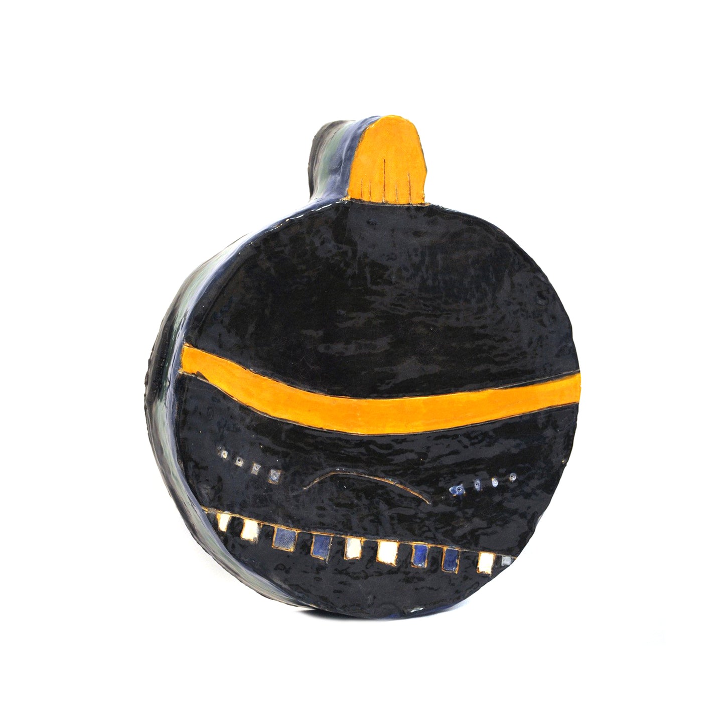 A rounded ceramic vessel with a glossy black surface and a short neck, displayed against a plain light gray background. The piece is decorated with a bold horizontal yellow stripe around the middle and small geometric accents near the base in white, blue, and yellow.