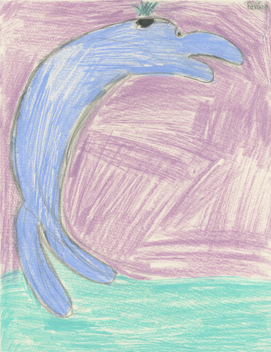 Colored pencil drawing of a blue dolphin leaping in an arc against a purple sky and teal water.