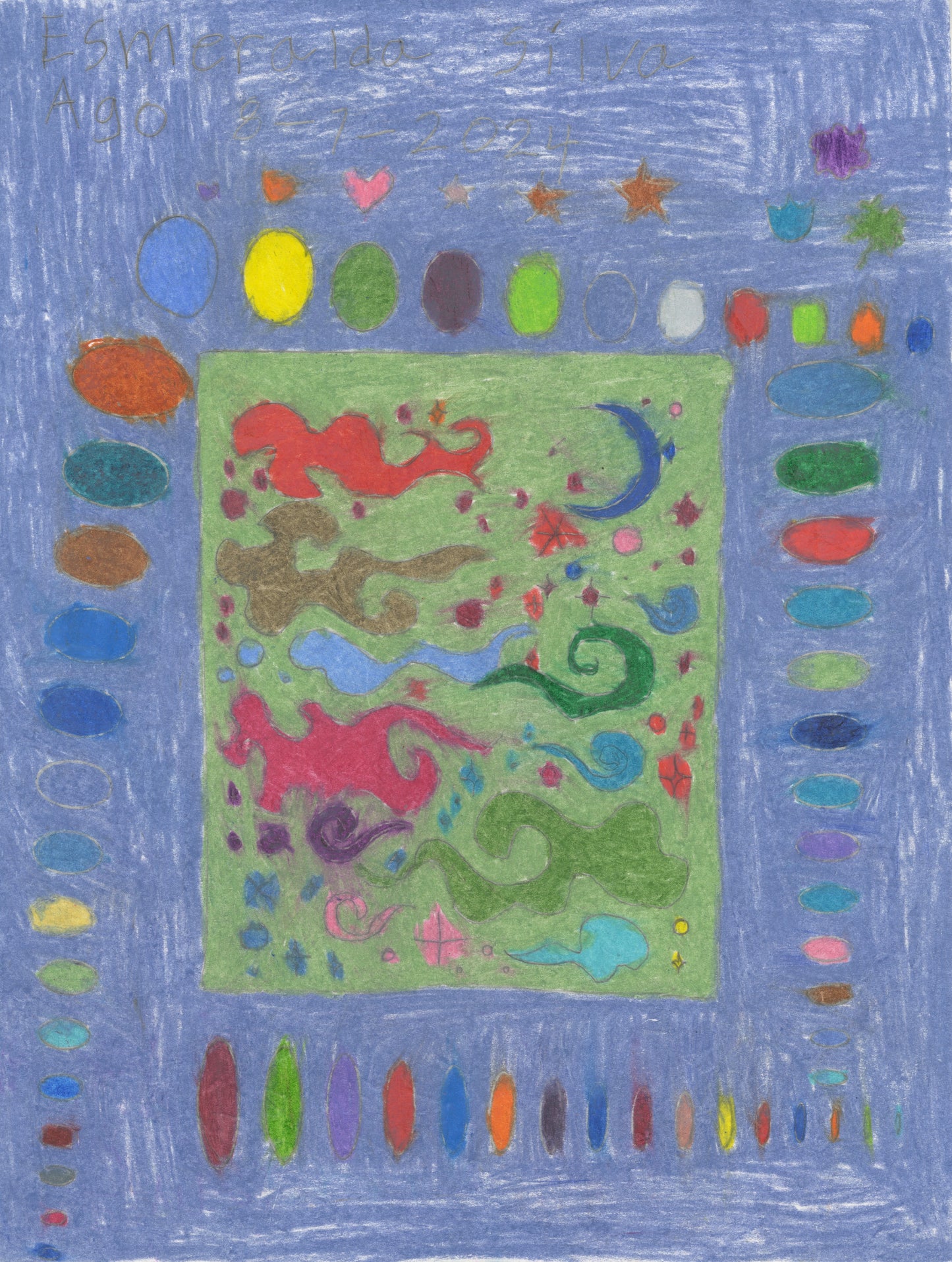 Colored pencil drawing bordered by rows of colorful ovals surrounding a central green panel with red, brown, and blue abstract shapes, stars, and a crescent moon.