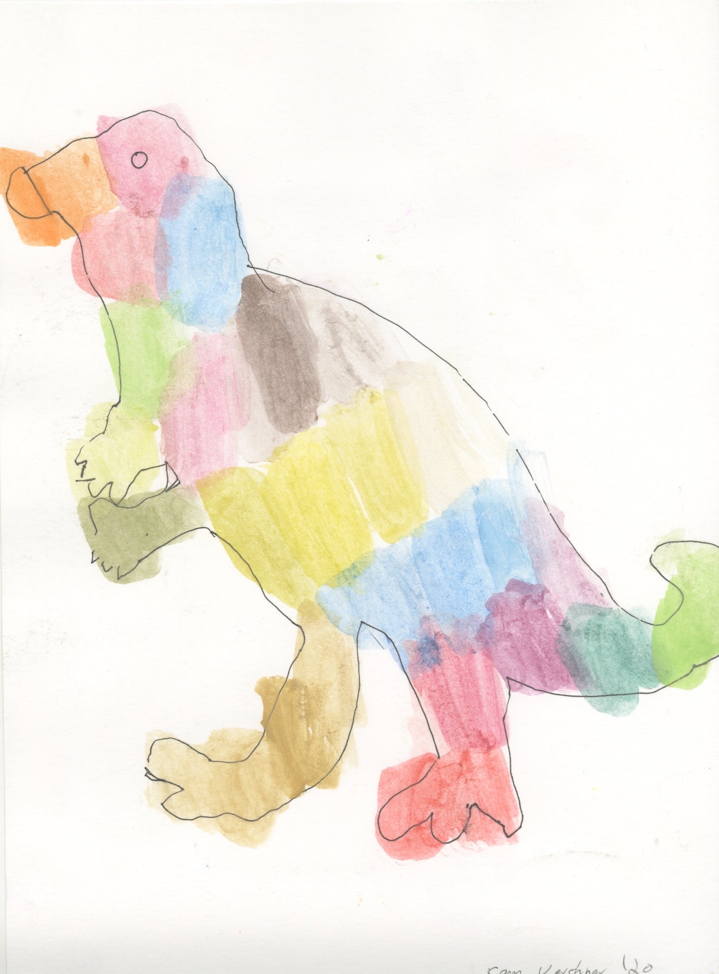 Pen and watercolor drawing of a dinosaur in profile, its body filled with patchwork blocks of pastel colors.