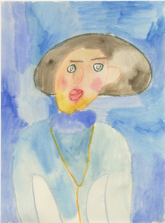 A watercolor and pencil portrait showing a woman against a blue background.