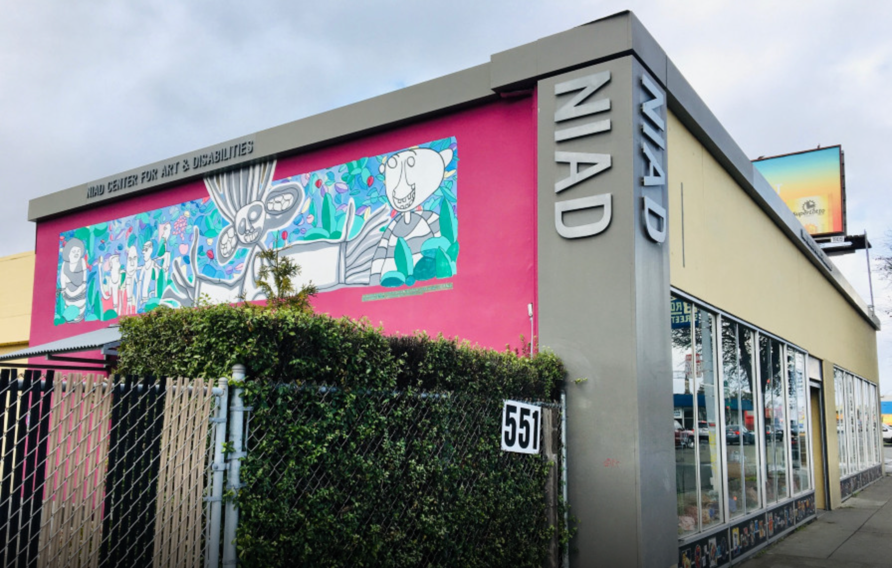 A photograph of the outside of a building, taken from the sidewalk. The building is NIAD Art Center, a one-story storefront with the letters "NIAD" written vertically on corner.  The left wall of the building is painted bright pink and features a large figurative mural which depicts many hand-drawn figures and green and purple flowers. The right wall of the building is painted yellow and has a row of tall windows. In the lower foreground of the image, there is a chain link fence and a large green hedge.