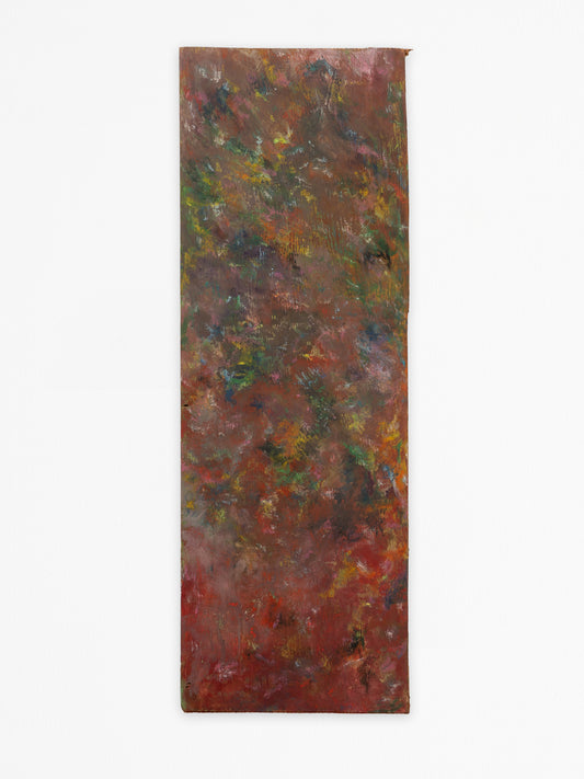 The image depicts an abstract artwork created with oil pastels and gouache on a rectangular piece of found wood. The composition is a blend of rich, earthy tones with prominent browns, reds, and greens. The colors merge into one another creating a textured surface. Strokes of yellow and hints of blue and purple add subtle highlights. The edges of the wood are rough and uneven, and the texture of the wood grain is visible beneath the layers of paint.