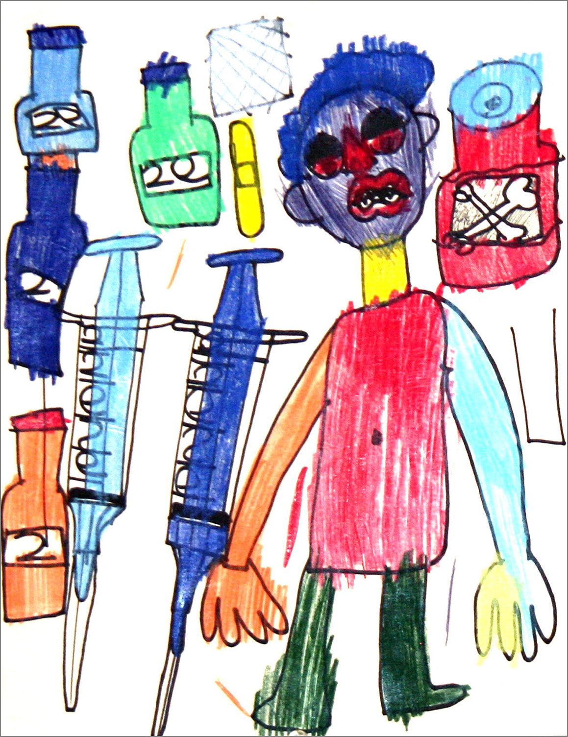 A drawing of a person surrounded by medical-themed objects. The figure has a purple face, red shirt, green pants, and mismatched arms, with large dark eyes and red lips. Around them are large syringes, medicine bottles, and containers marked with simple symbols, all outlined in black and filled with bright blue, green, orange, and red colors on a white background.