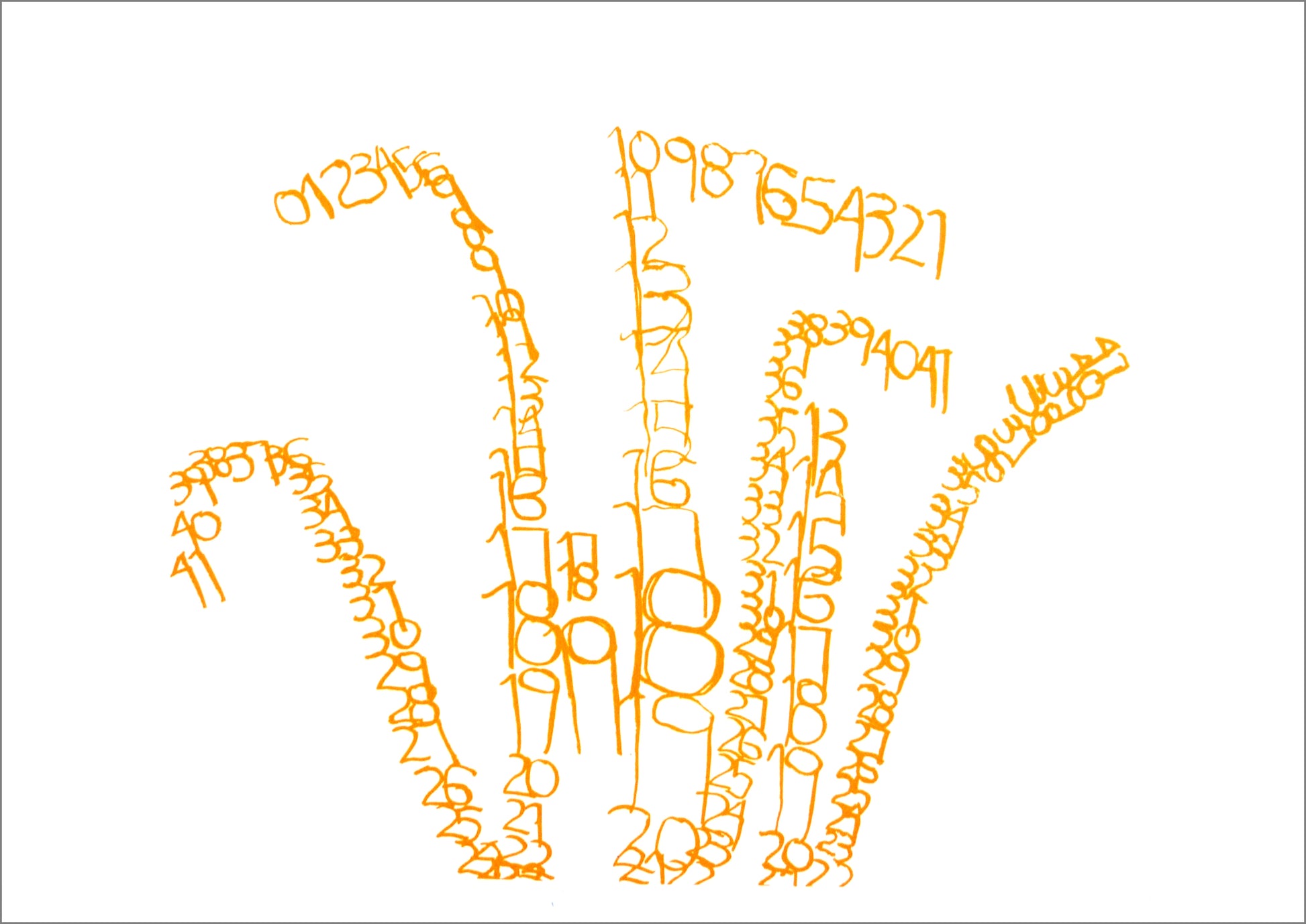 A variation of the same serigraph print, printed in orange ink on white paper. This version has one hand-shaped cluster made up of stacks of numbers. The numbers branch off in and count from 1 to 41 in multiple directions.