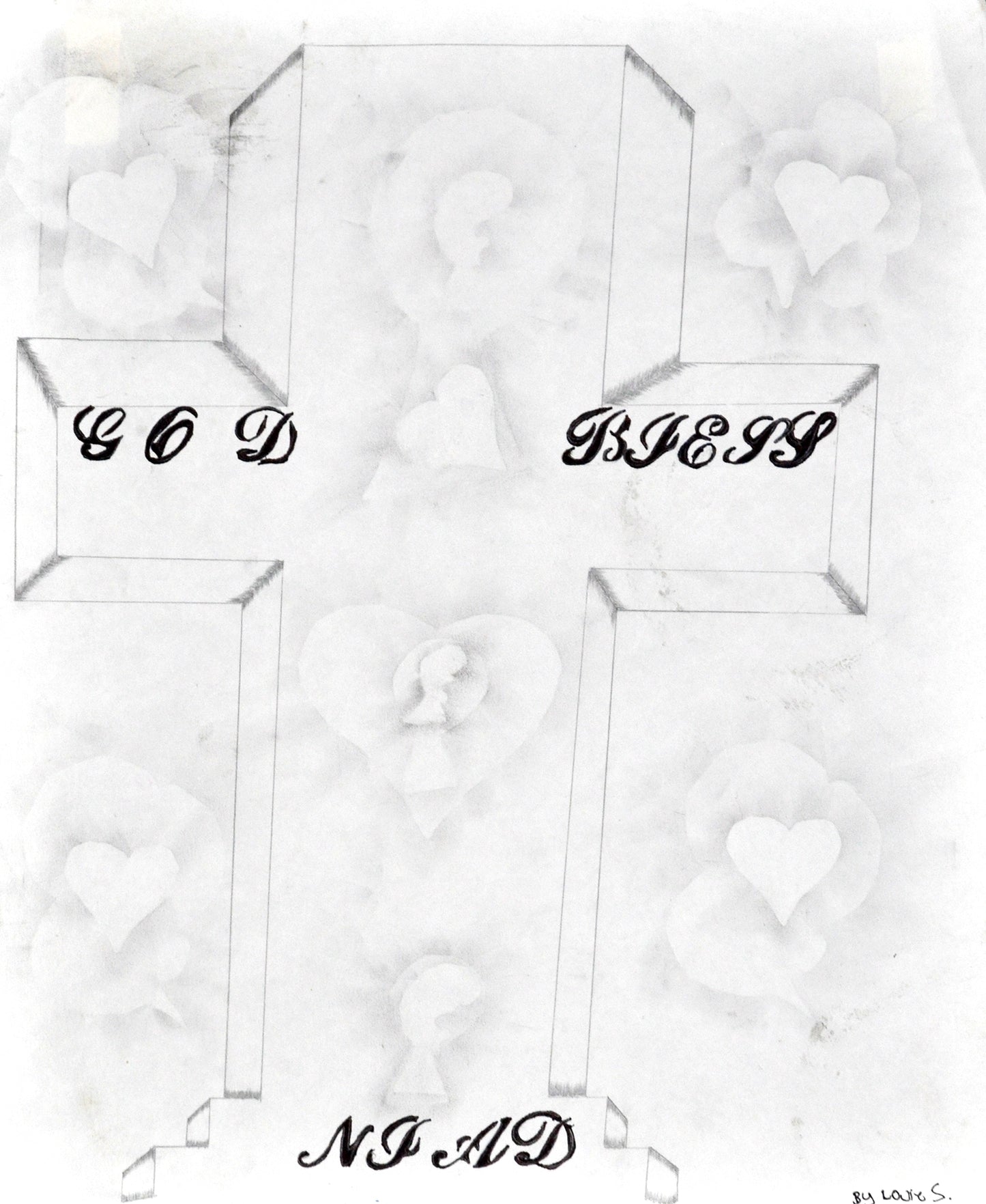 Black and white drawing of a cross with black text that reads "God Bless NIAD." There are lightly shaded heart motifs on the cross and in the background.