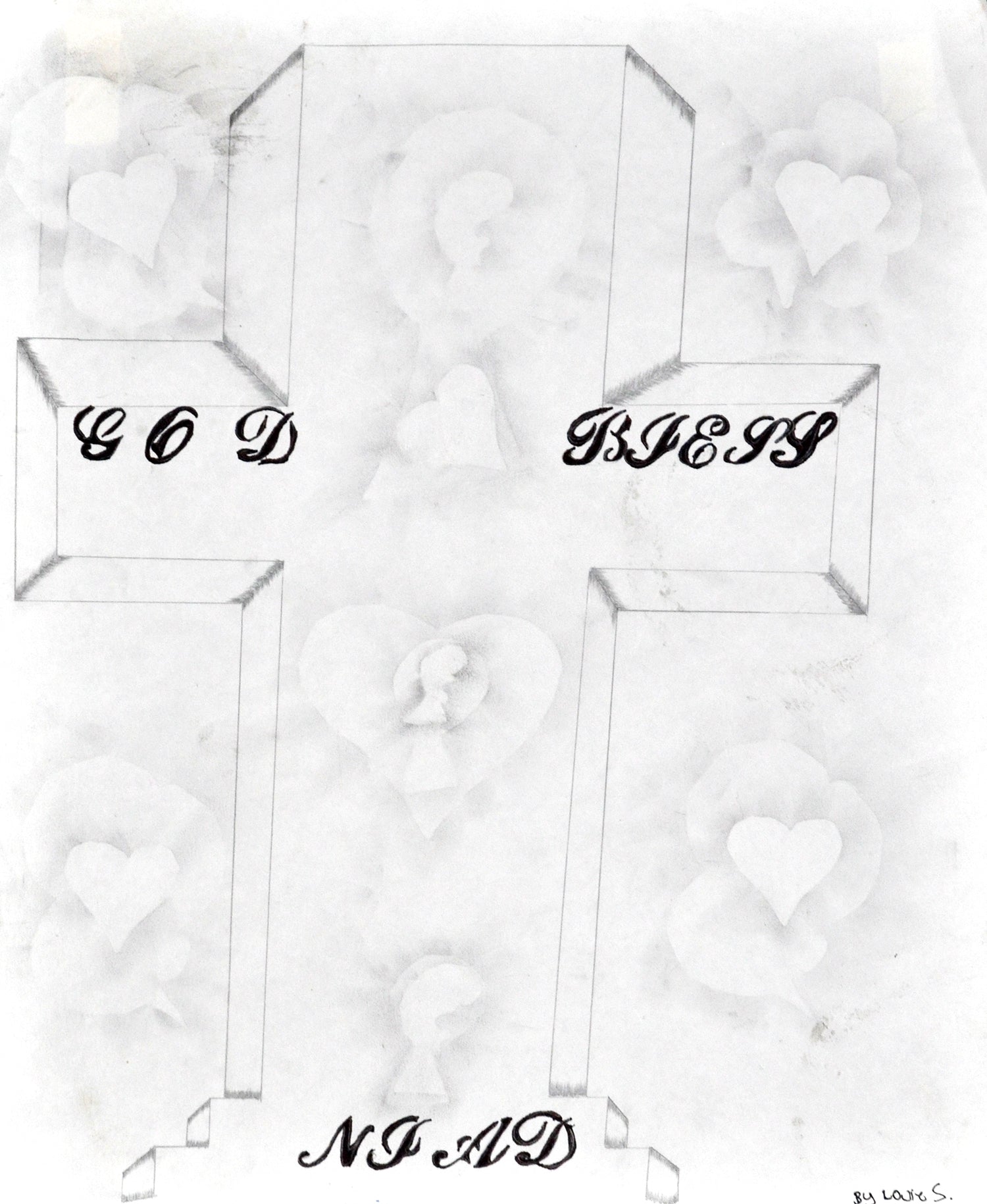 Black and white drawing of a cross with black text that reads "God Bless NIAD." There are lightly shaded heart motifs on the cross and in the background.