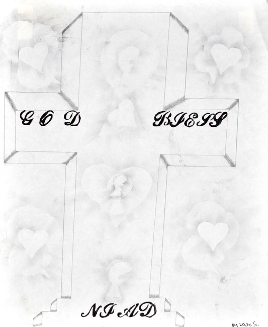 Black and white drawing of a cross with black text that reads "God Bless NIAD." There are lightly shaded heart motifs on the cross and in the background.