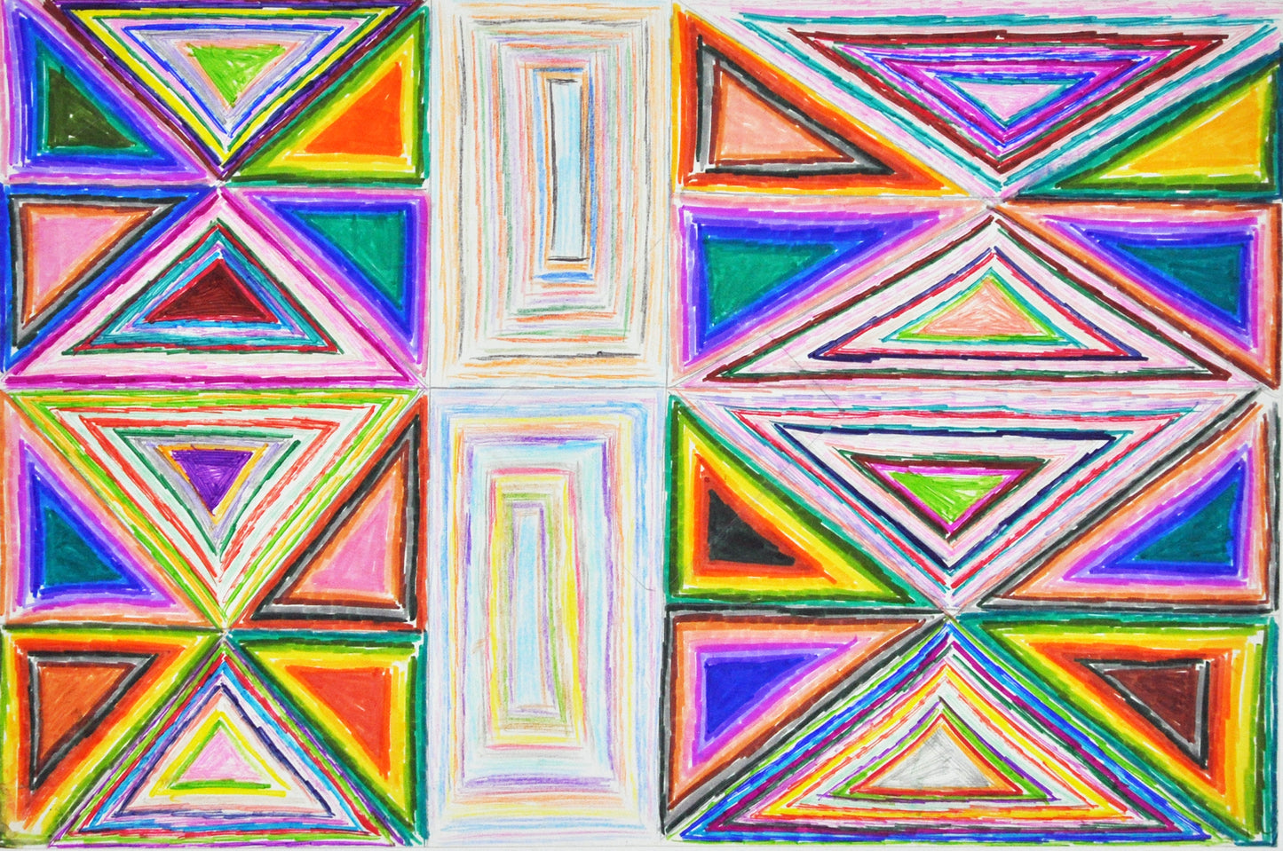 A pattern of geometric shapes fill the surface of a white piece of paper. Triangles and rectangles are drawn and outlined multiple times using every color of the rainbow.