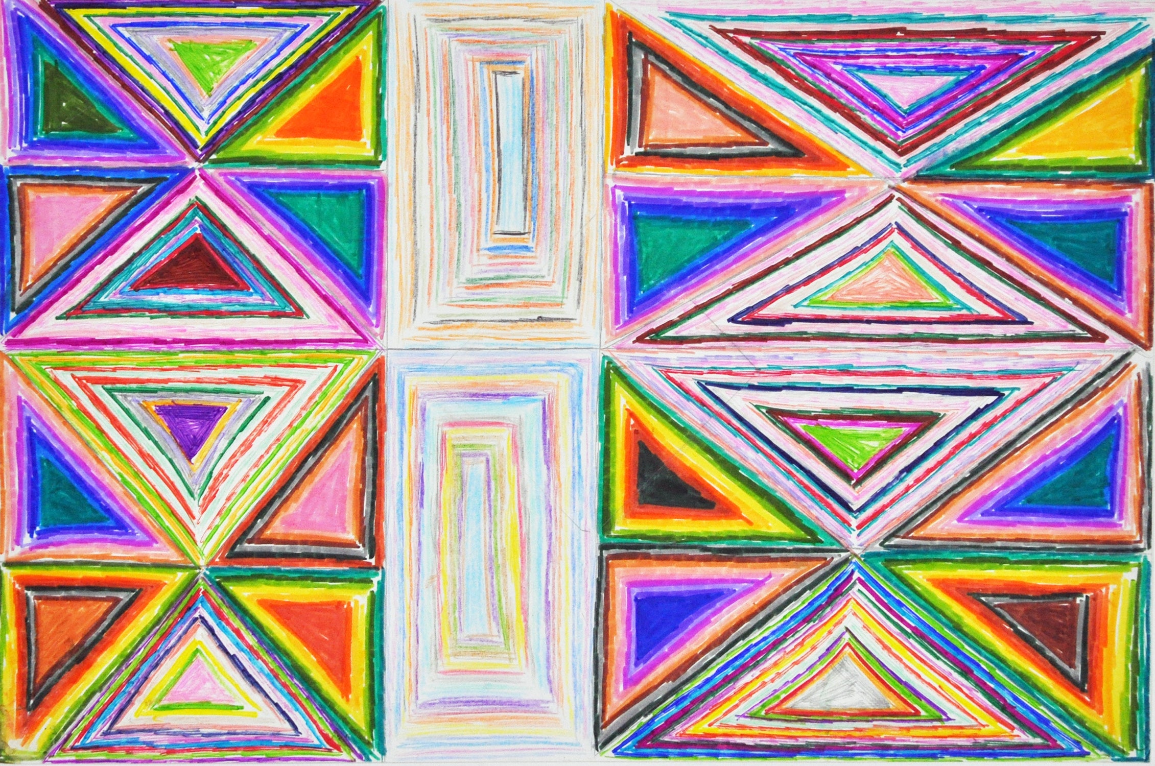 A pattern of geometric shapes fill the surface of a white piece of paper. Triangles and rectangles are drawn and outlined multiple times using every color of the rainbow.