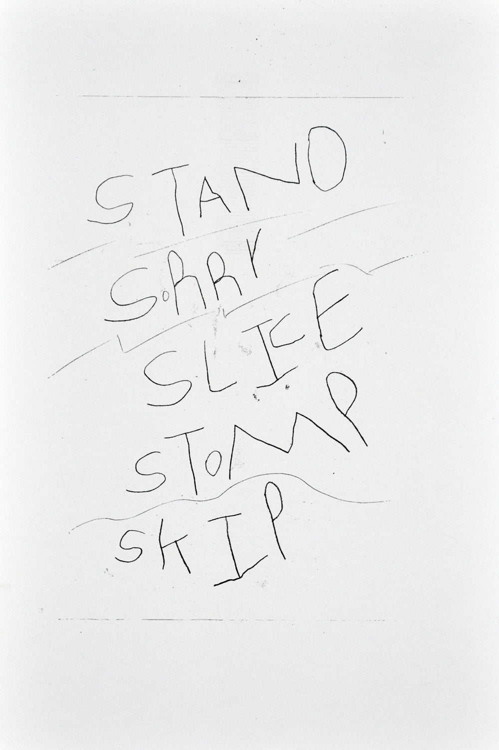 A risograph print of text on a white background, with the words 'stand', 'slip', 'skip' forming a sequence.
