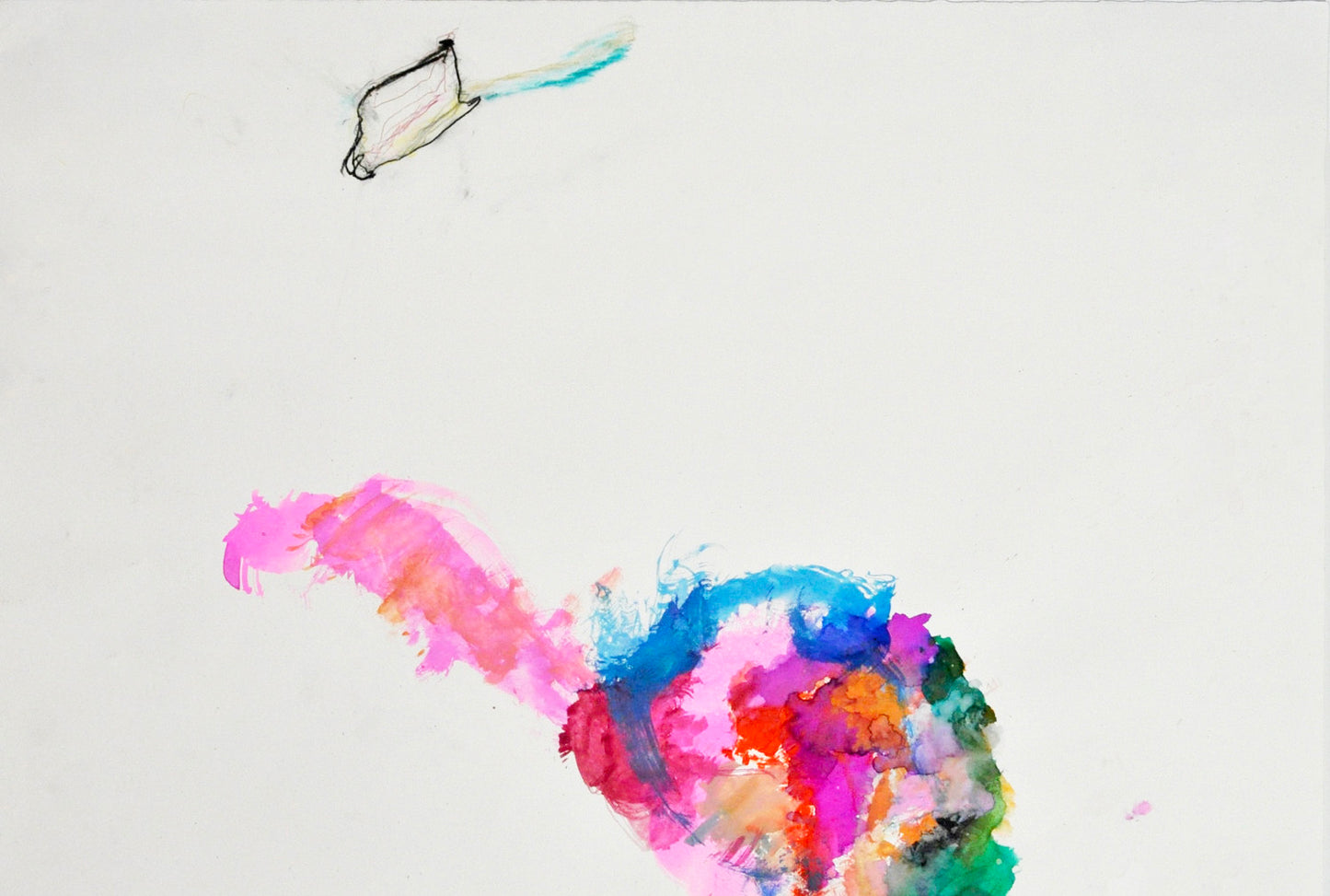 a mixed media work on white paper. A striped shape outlined with black pencil floats near the top border. On the bottom edge of the page, there is a larger round shape with a tube extending from the left side. This shape is painted with bright pink, blue, and green watercolor.  The two shapes seem to acknowledge each other from across a huge gulf of space. 