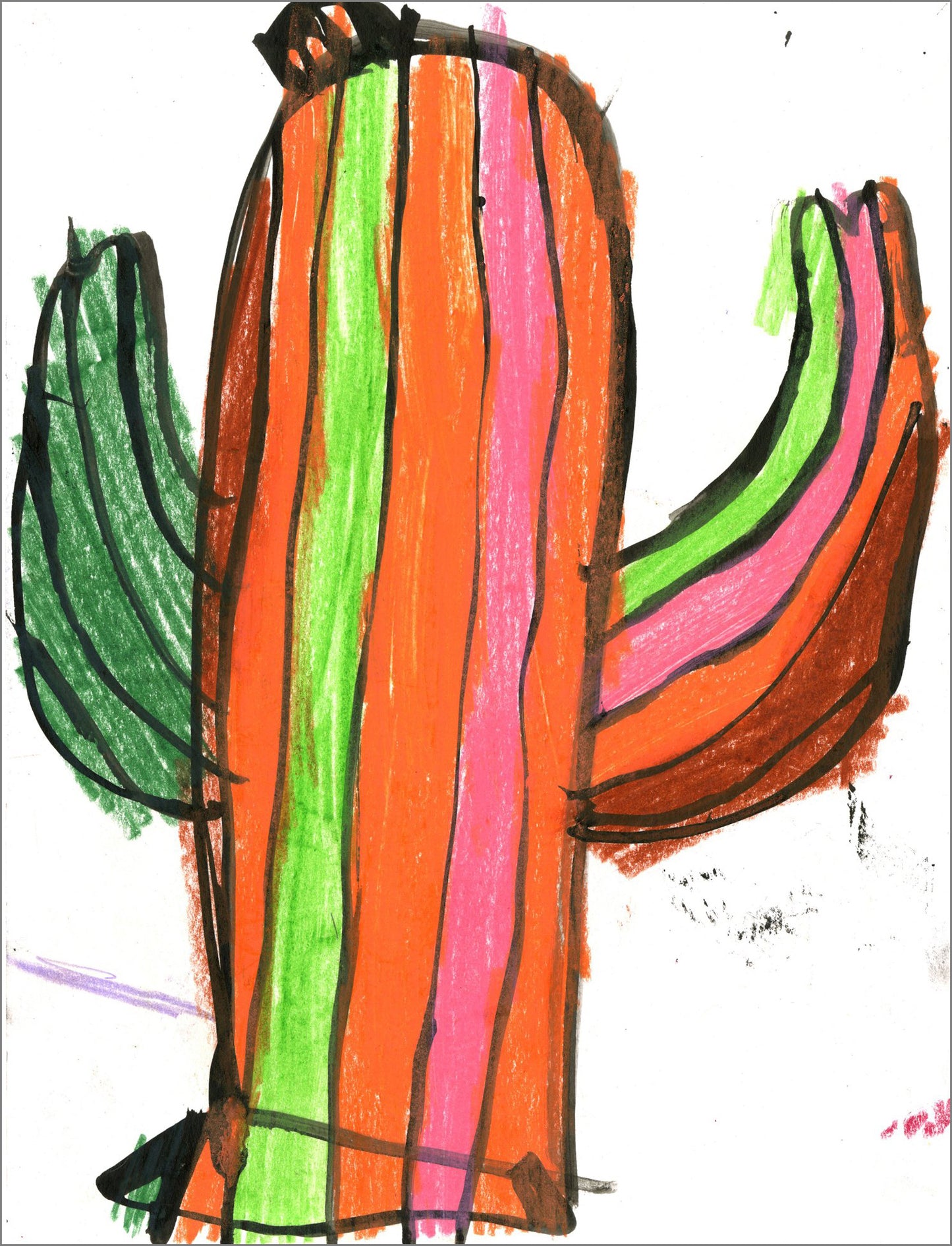Colorful abstract drawing a cactus with vertical orange, green, and pink stripes outlined in black. Curved striped shapes extend from both as leaves with green tones on the left and pink and orange tones on the right. 