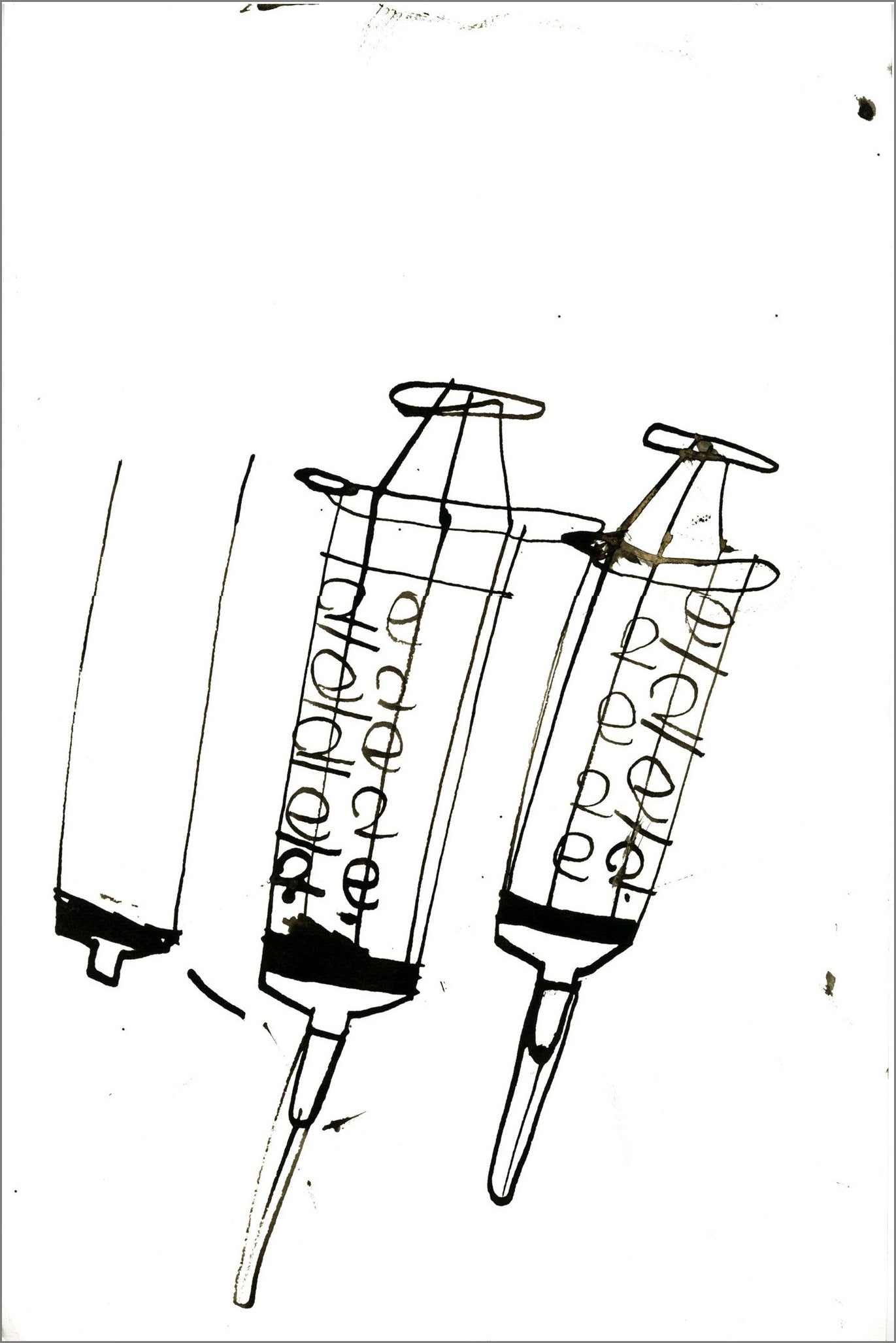 Minimal black line drawing of three syringes on a white background. Two detailed syringes with measurement markings and pointed tips lean diagonally beside a partially drawn syringe on the left.