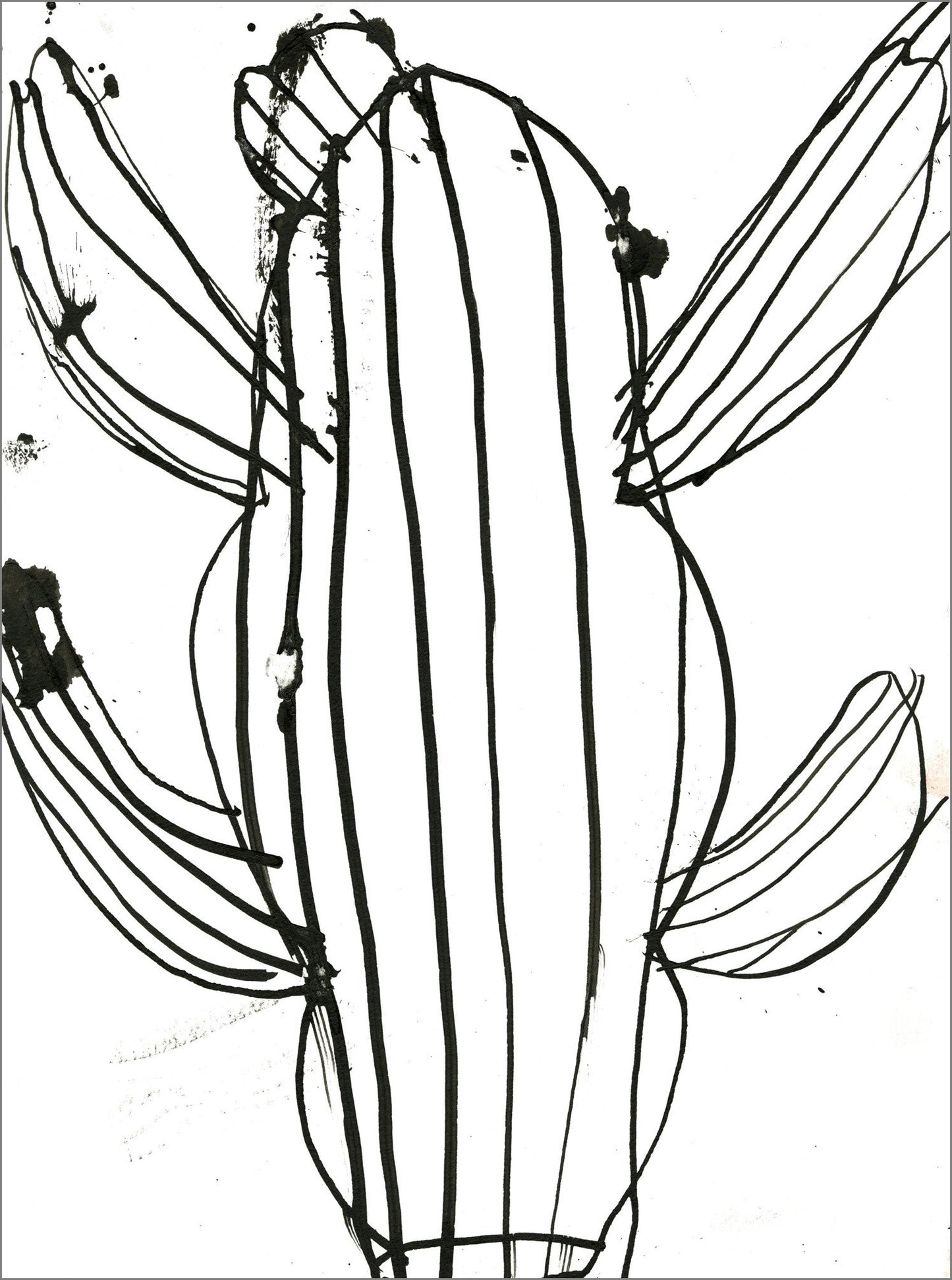 Black-and-white abstract line drawing of a cactus filled with long vertical stripes. Curved leaf leaves extend outward from both sides, creating a symmetrical composition. Ink splatters and sketchy overlapping lines appear throughout the plain background.