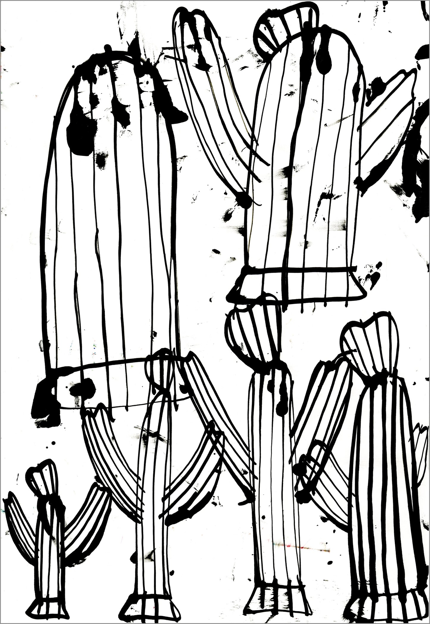 Black-and-white abstract drawing of cactuses with long vertical stripes and curved leaves extending outward. The forms vary in size and are arranged across the page with thick black outlines, ink drips, and scattered splatter marks on a plain background.