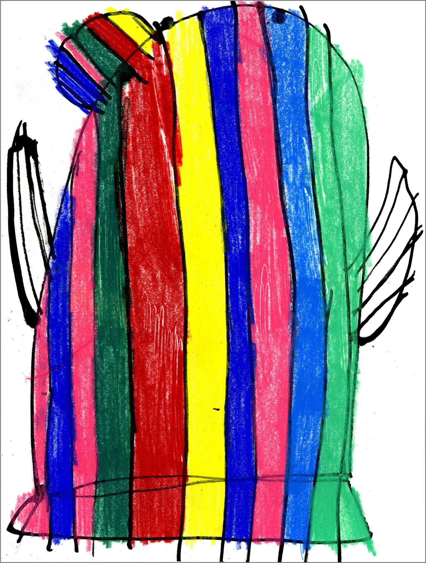 Abstract drawing of a cactus filled with vertical stripes in bright colors including pink, blue, green, red, and yellow. Thick black outlines and sketchy curved lines frame the striped shape, creating a layered, crayon-like texture against a white background.