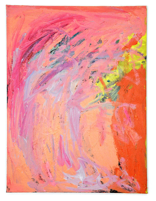 A gestural, abstract painting on canvas. there are sweeping brush strokes of pink and orange paint arching from the left side toward the right. spots of yellow, black, and blue paint peek through from the base layer