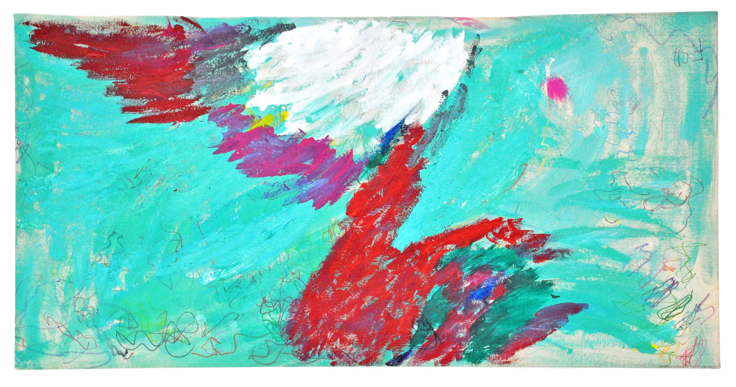 A work made with acrylic paint and marker on a long rectangular canvas. The image is an abstract color field painted with expressive marks that convey the artist's sweeping gestures. There are bright teal blue areas on either side of the canvas, and a shape with a feathery texture painted in red and white down the center. Some of the raw canvas is visible between the painted marks, as well as small squiggling drawings made with markers in every color of the rainbow.