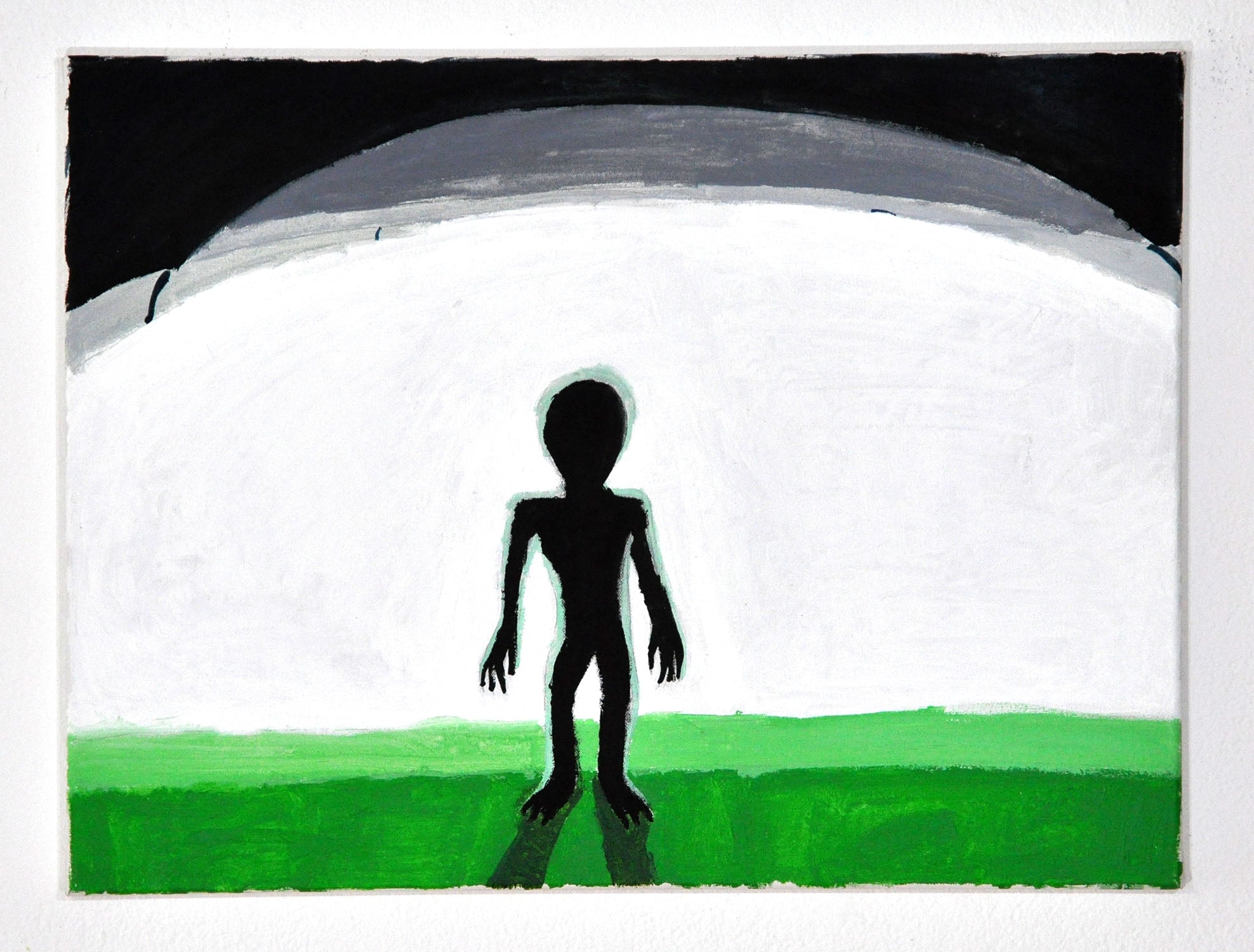 landscape painting with a bright white background, black and gray sky, and green grass on the foreground. A silhouette of a black, alien-like figure stands in the center.