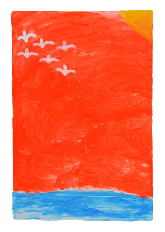 a painting on a vertical rectangular canvas of an ocean landscape. The scene shows a thin stripe of blue at the bottom, a large red sky, and an orange sun peeking in from the top right corner. 6 white symbols representing seagulls fly in formation across the top of the red sky. 