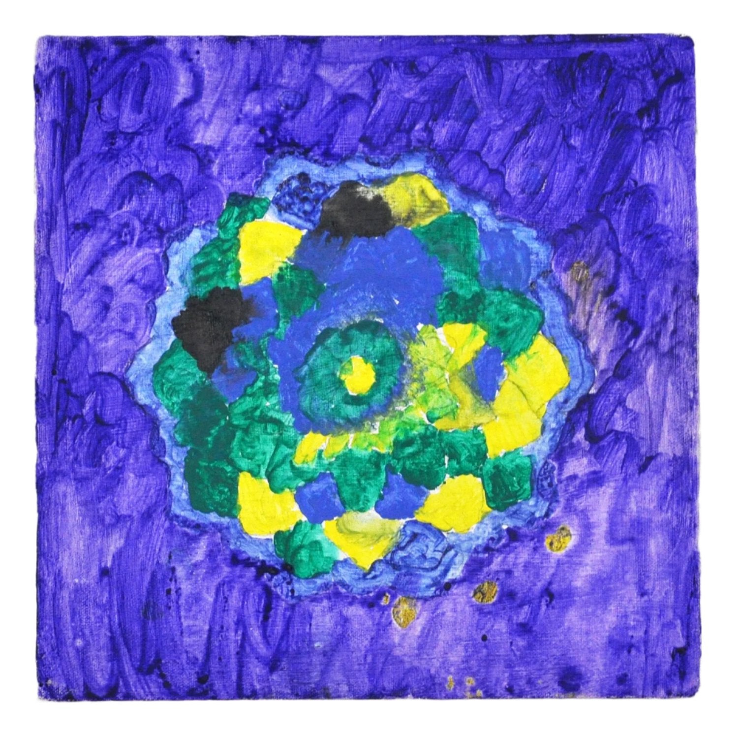 The royal purple background of the square composition features loose strokes with a wider brush. At the center is an abstract, flower-like form that is green, yellow, black, and blue. 