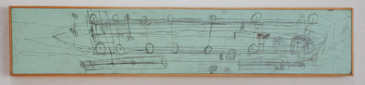 A pencil drawing on a wood panel. The wood is painted pale green. The image is a schematic drawing of a long boat, machine, or vehicle with many wheels and gears