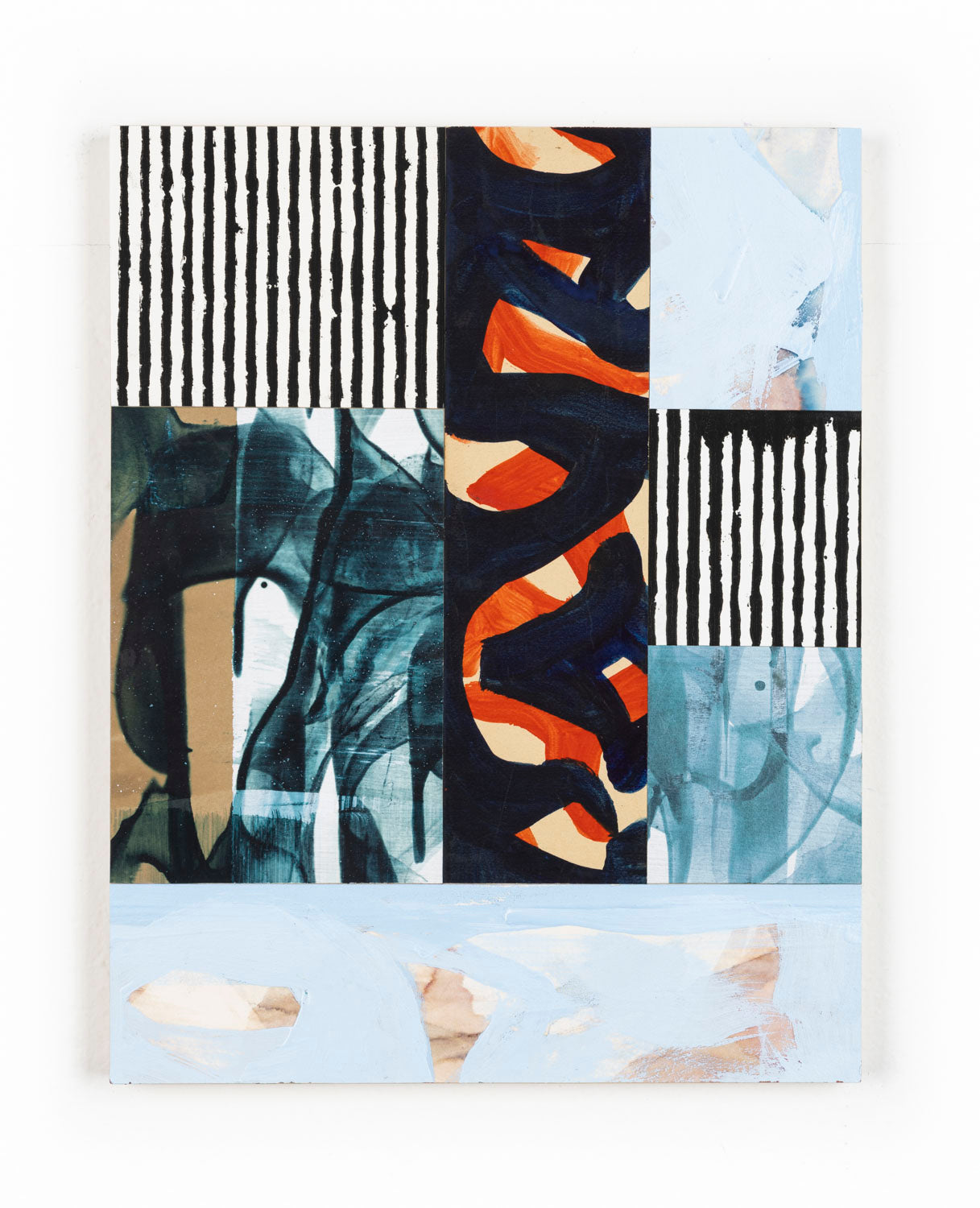 collage of painted and printed paper featuring vertical stripes, squiggling marks, and swathes of blue, red, black, and white paint. 