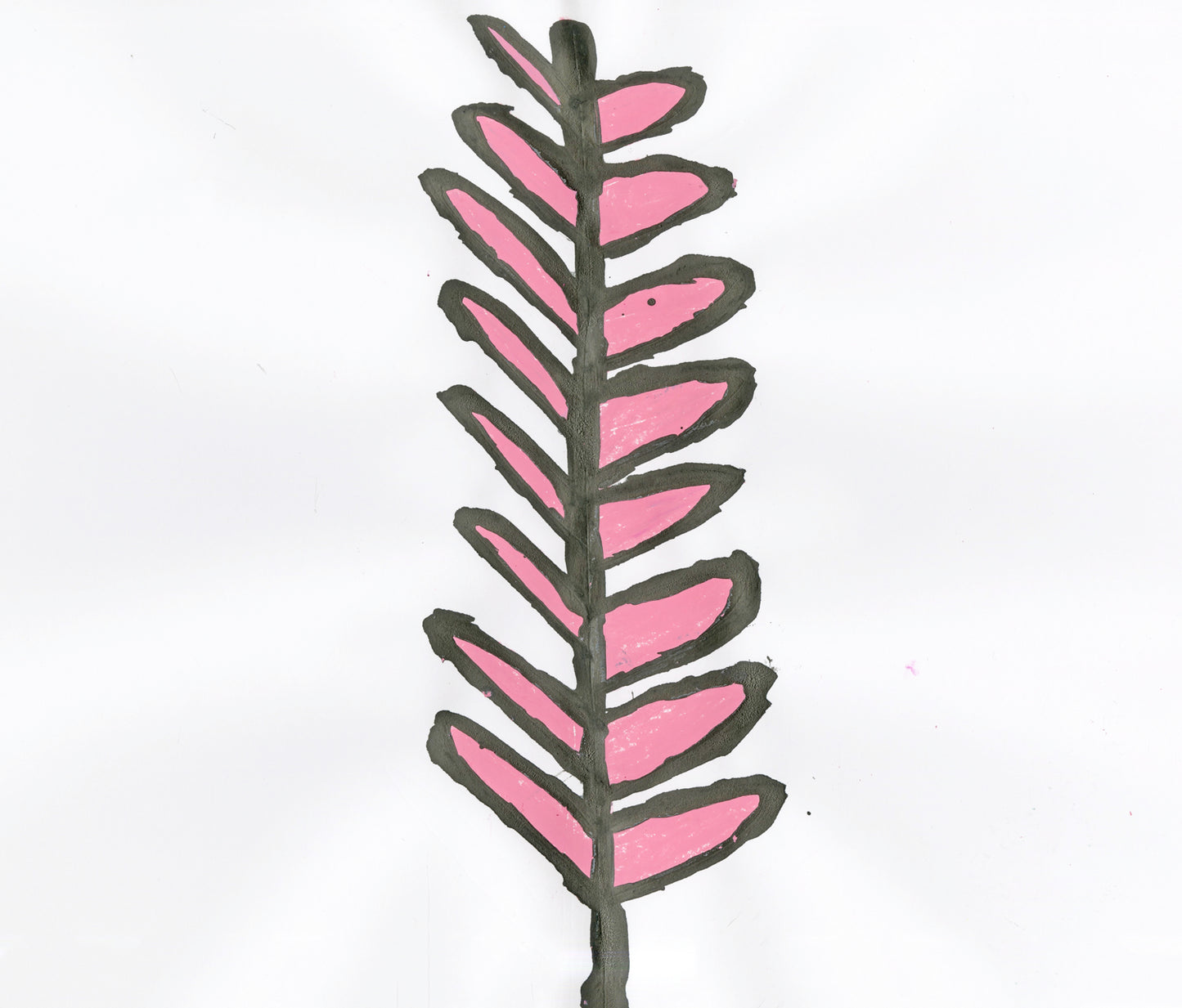 a painting on white paper. The image depicts a tall fern with pink leaves sprouting up and down the length of its black stalk. Each leaf is outlined in thick black paint. 