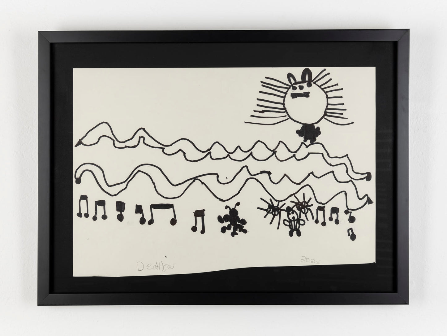 This black ink drawing depicts a creature in the top right corner and music notes on the bottom of of the piece. There are also organic, wave-like elements that divide the work horizontally. 